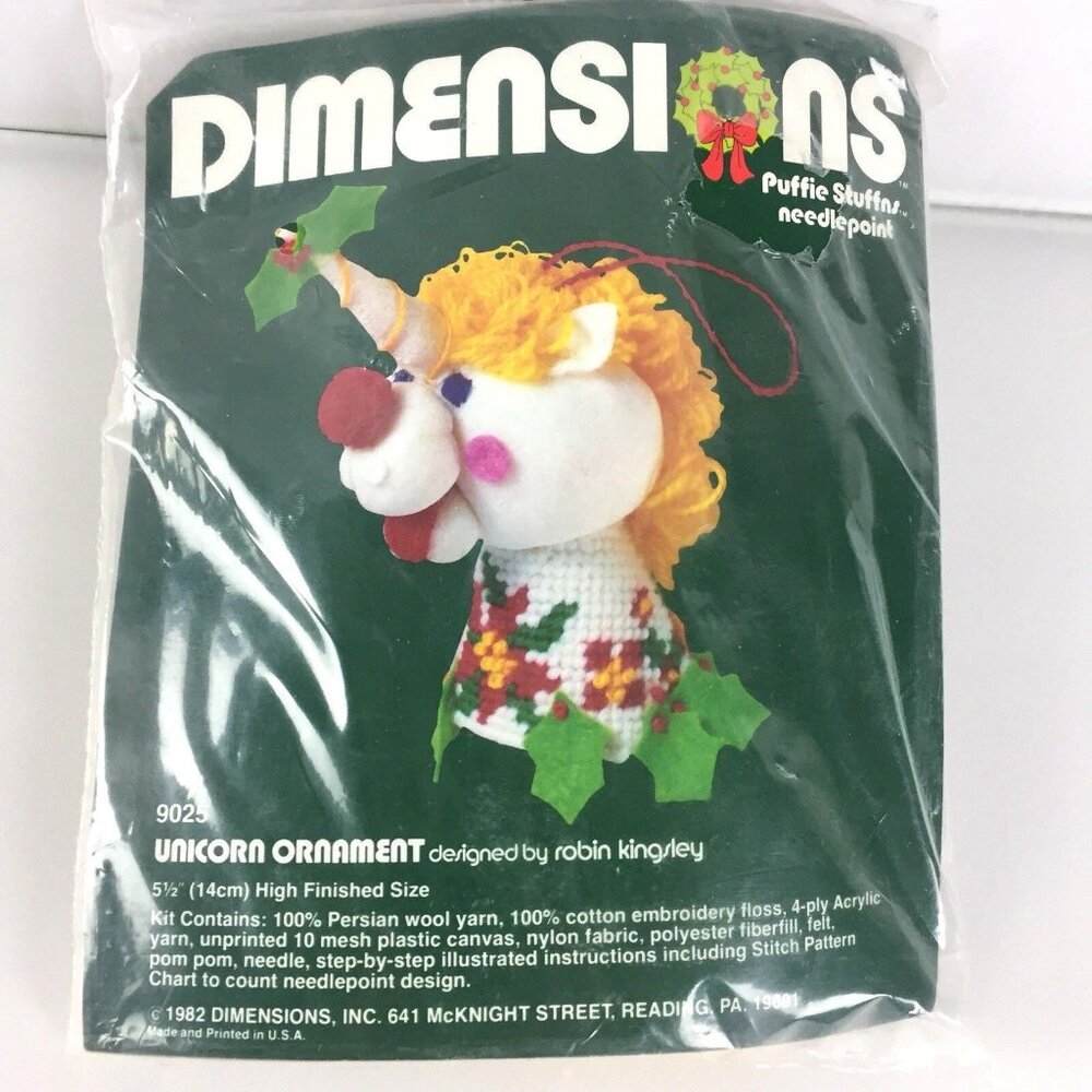 Unicorn Dimensions Needlepoint Kit Ornament 9025 Puffie Stuffns Vtg 5.5" High